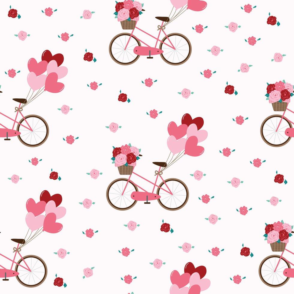 namorados Rosa amor coração rosas bicicleta desatado padronizar papel de parede invólucro fundo vetor ilustração