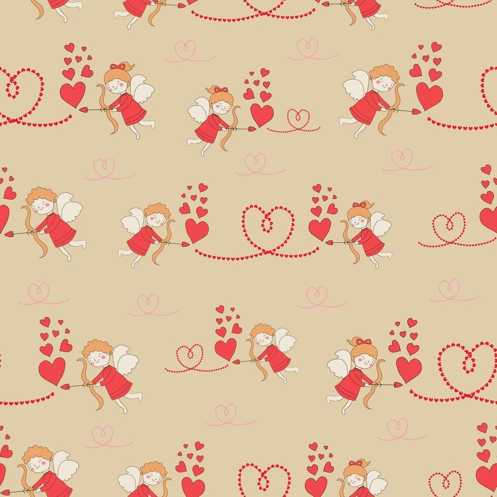 fofa desenho animado namorados bosque animais cupido ângulo amor coração Rosa vermelho desatado padronizar têxtil fundo vetor ilustração