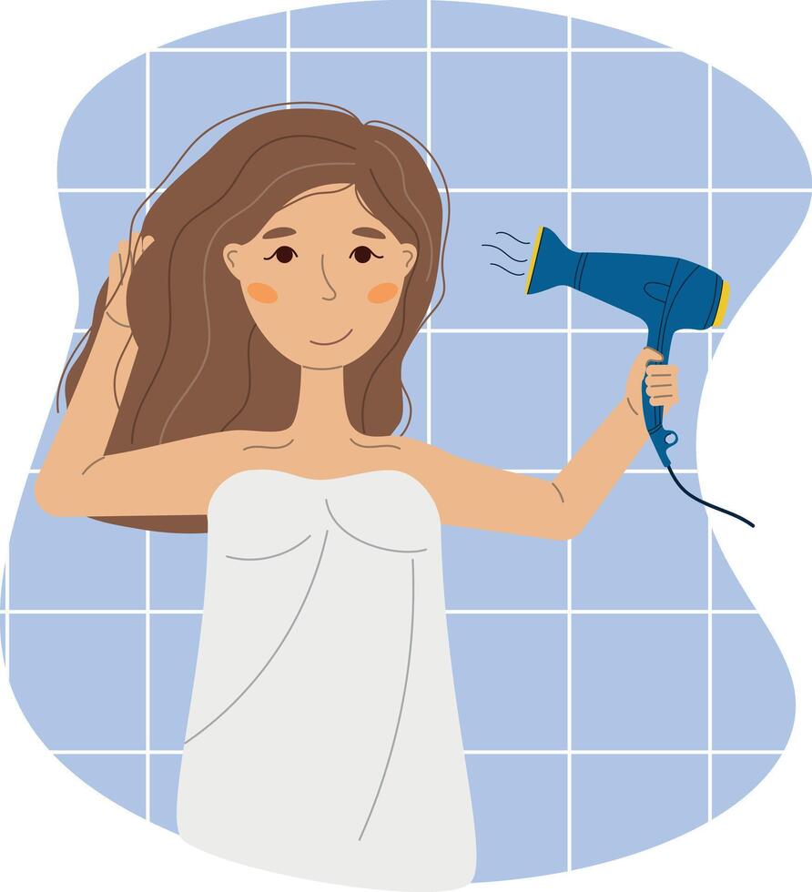 mulher com secador de cabelo dentro banheiro, cabelo Cuidado Cosmético procedimento, diariamente higiene vetor ilustração