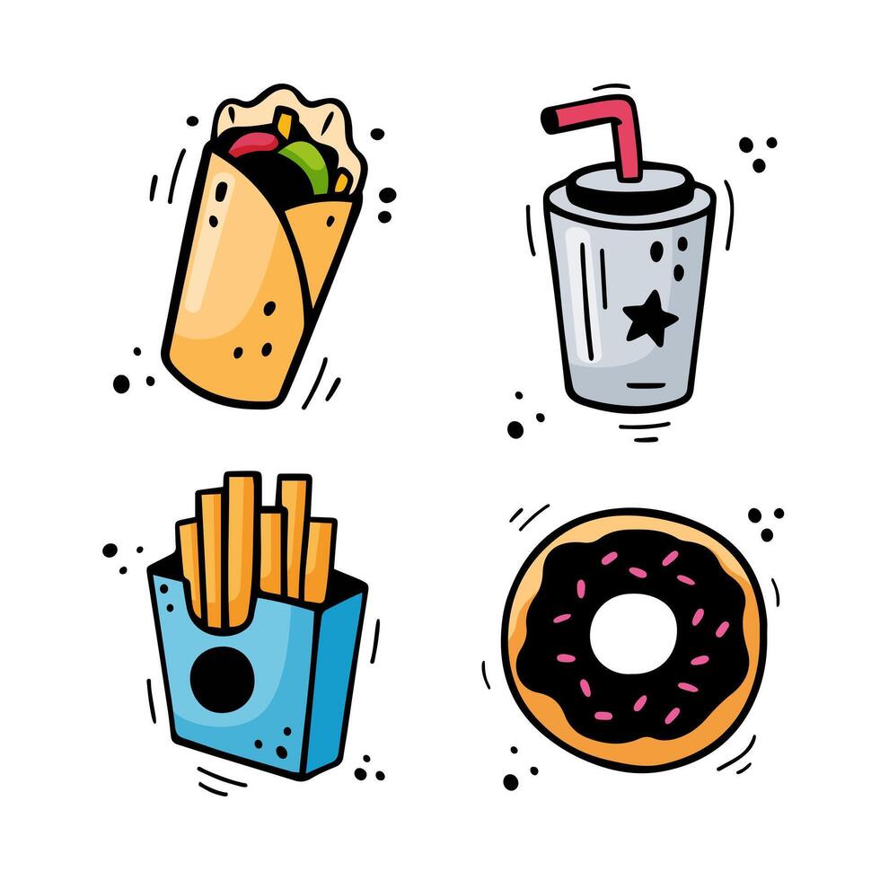 velozes Comida ícones conjunto - shawarma, burrito, francês fritas, bebida, chocolate rosquinha. mão desenhado velozes Comida combo. quadrinho rabisco estilo. colorida lanches desenhado com sentido gorjeta caneta. vetor ilustração