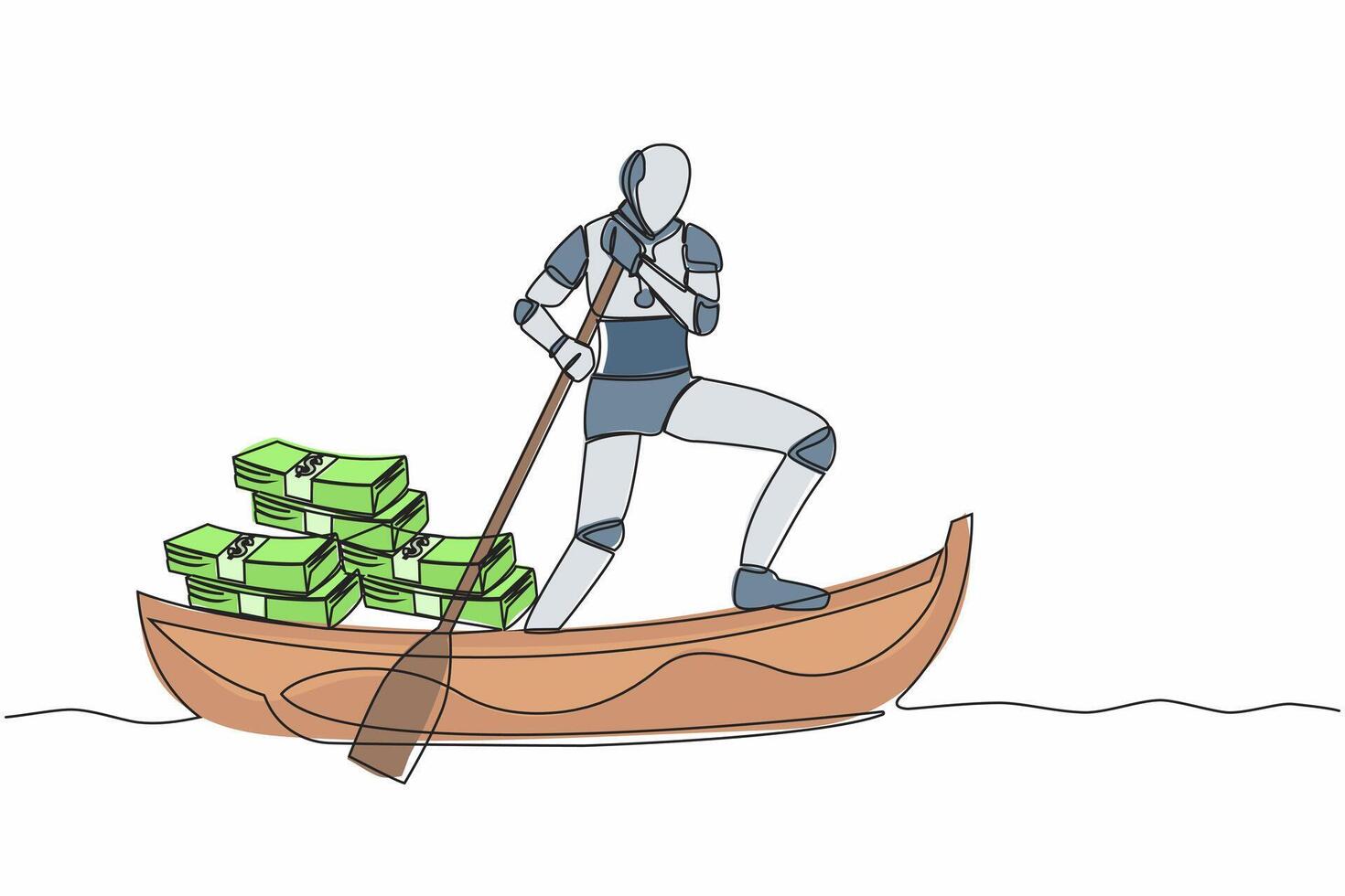 solteiro 1 linha desenhando robô Navegando longe em barco com pilha do nota de banco. digital financeiro crime ou dinheiro lavagem. robótico artificial inteligência. contínuo linha desenhar Projeto vetor ilustração