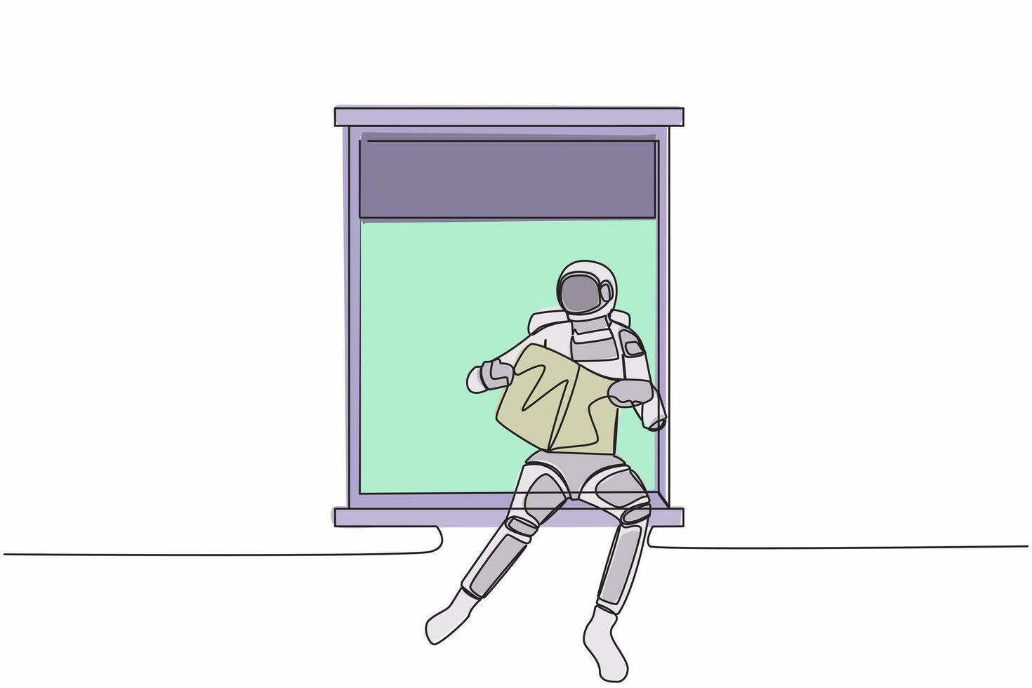 solteiro 1 linha desenhando jovem astronauta sentado em peitoril da janela e lê jornal. acolhedor sacada dentro lua superfície. cósmico galáxia espaço conceito. moderno contínuo linha Projeto gráfico vetor ilustração