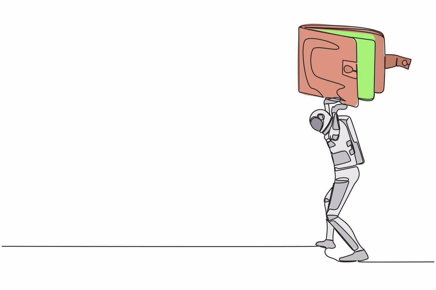 solteiro contínuo linha desenhando do jovem astronauta carregando pesado carteira em dele voltar. financeiro econômico crise às nave espacial indústria. cosmonauta profundo espaço. 1 linha Projeto vetor gráfico ilustração