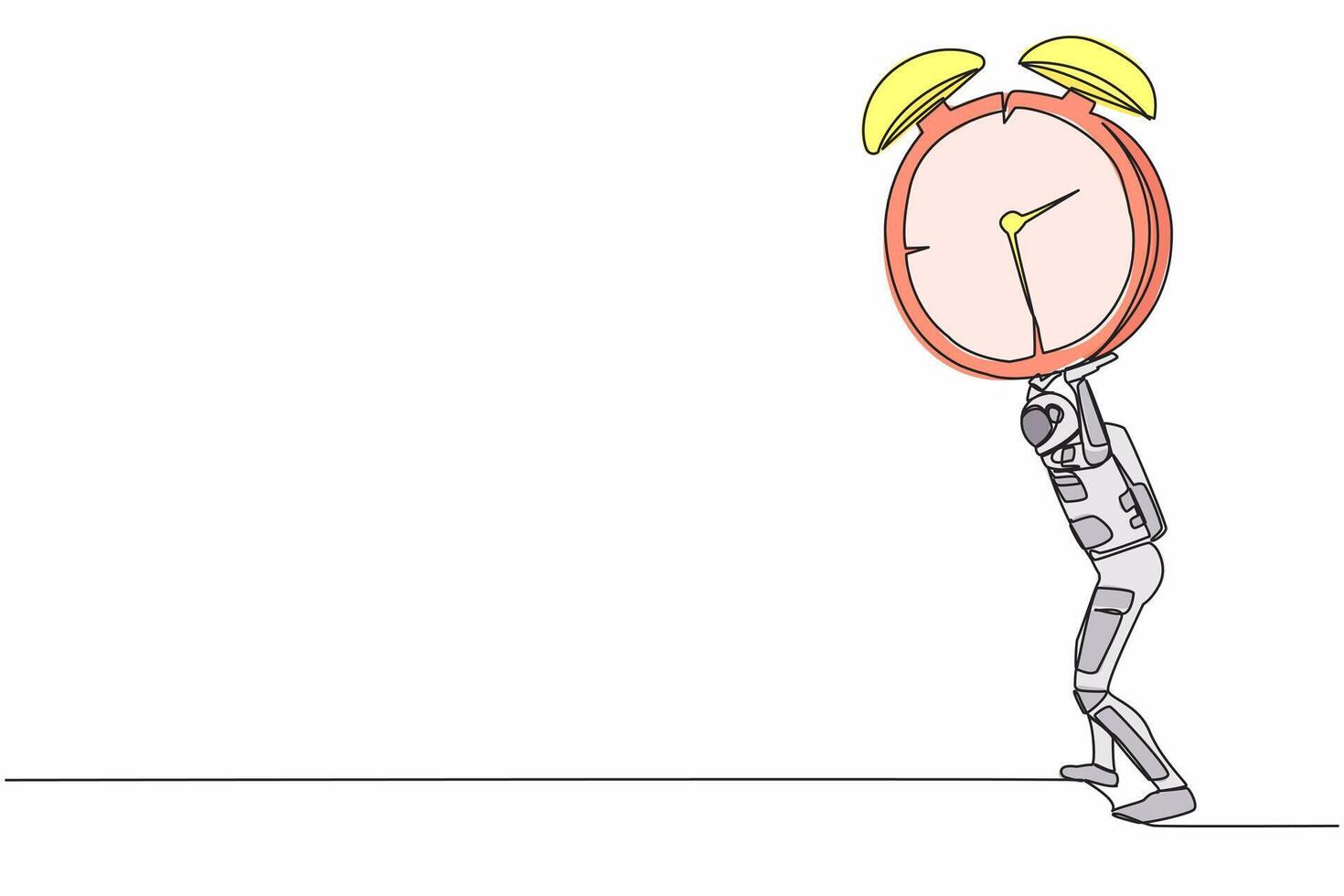 solteiro 1 linha desenhando jovem astronauta carregando pesado alarme relógio em dele voltar. trabalhos pressão às nave espacial projeto. cósmico galáxia espaço conceito. contínuo linha desenhar Projeto gráfico vetor ilustração