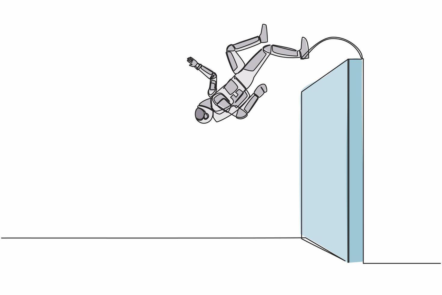 contínuo 1 linha desenhando jovem astronauta pulando sobre tijolo parede com acrobático estilo. bem sucedido dentro interestelar expedição. cosmonauta exterior espaço. solteiro linha gráfico Projeto vetor ilustração