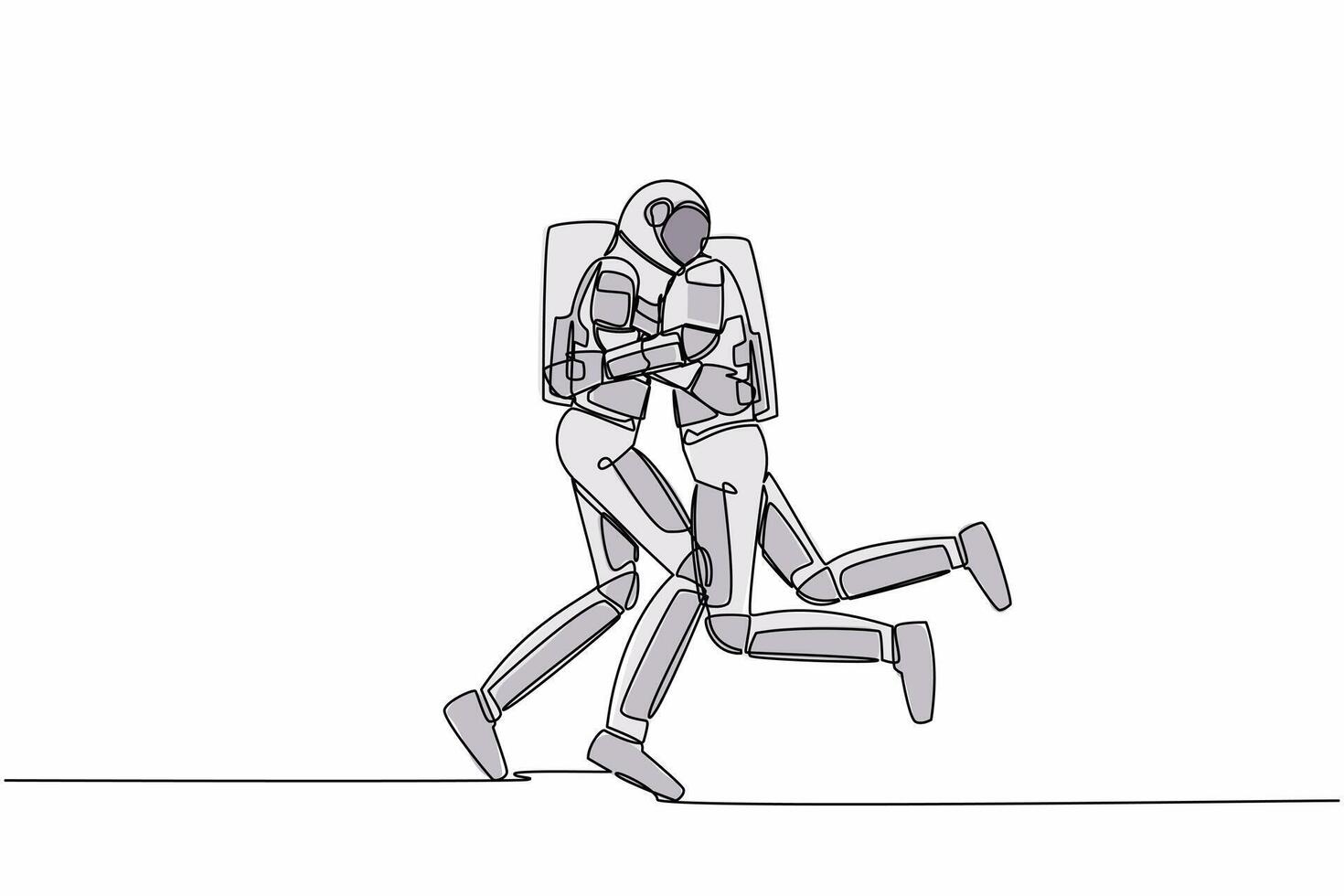 contínuo 1 linha desenhando jovem astronauta saltos e abraços dele amigo. felicidade entre dois amigos. reunião depois de anos separado. cosmonauta exterior espaço. solteiro linha gráfico Projeto vetor ilustração