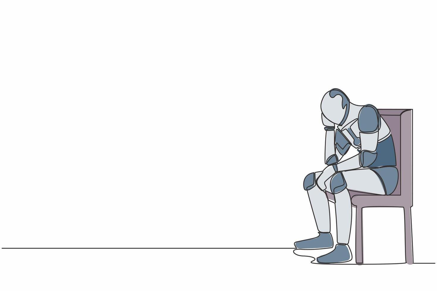 solteiro 1 linha desenhando triste depressivo robô sentado em cadeira pensando sobre pagando contas durante crise. artificial inteligência. tecnologia indústria. contínuo linha gráfico Projeto vetor ilustração