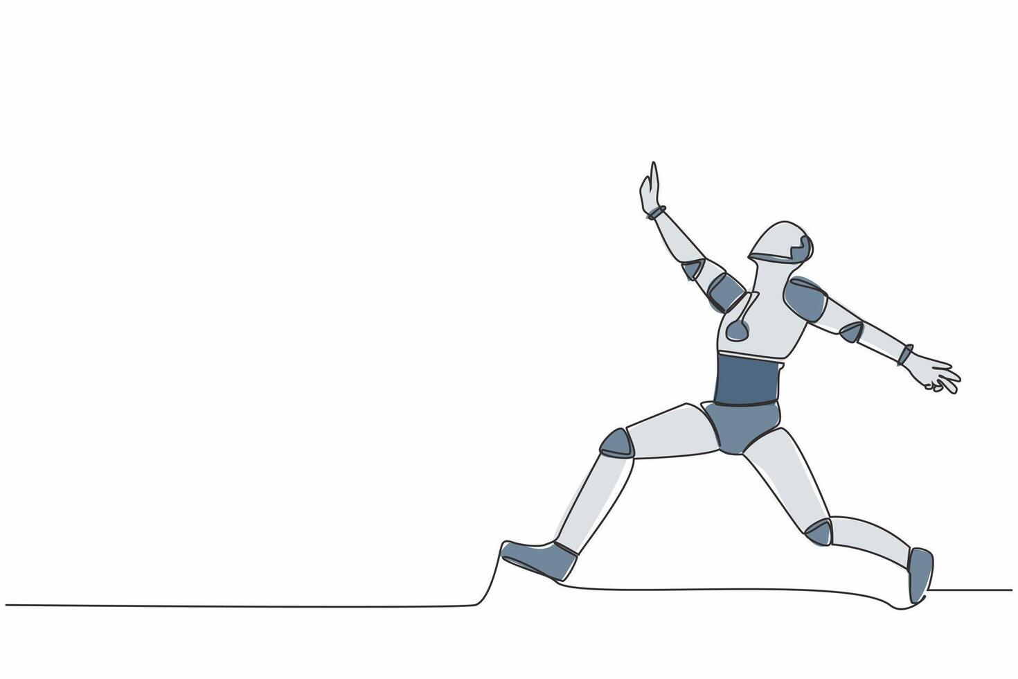 solteiro 1 linha desenhando do feliz robô pulando com spreads ambos pernas e levantar 1 mão. futuro artificial inteligência. moderno tecnologia indústria. contínuo linha gráfico Projeto vetor ilustração