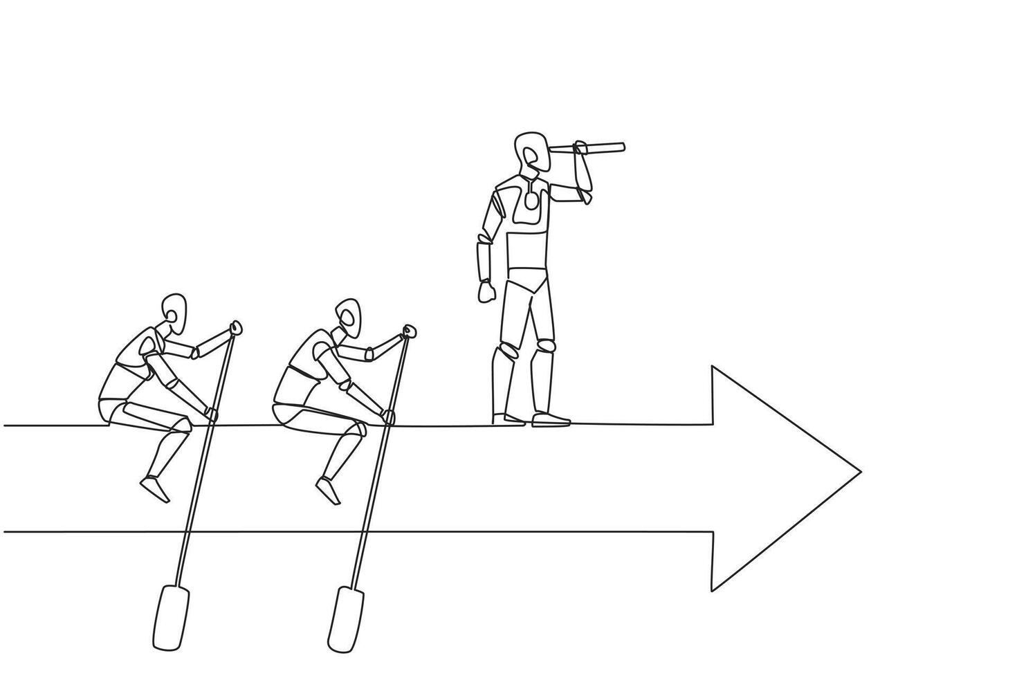 contínuo 1 linha desenhando três robôs passeio Setas; flechas. trabalho em equipe com dois do eles remo, a descansar em pé acima usando binóculos. futuro tecnologia desenvolvimento. solteiro linha desenhar Projeto vetor ilustração