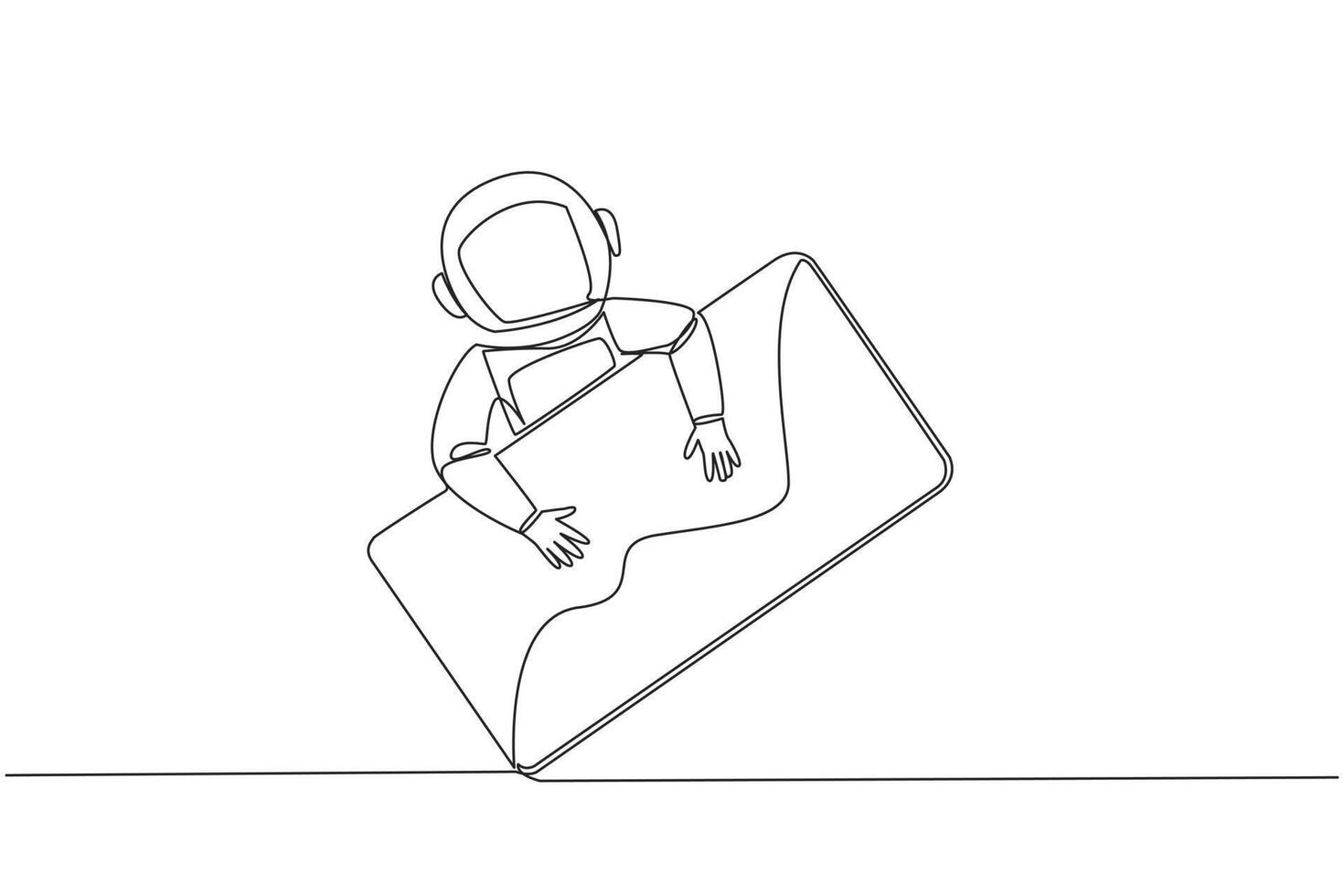 solteiro contínuo linha desenhando jovem enérgico astronauta abraçando handphone. aprender tudo sobre a exterior espaço galáxia a partir de a Móvel tela. cosmonauta. cósmico. 1 linha Projeto vetor ilustração