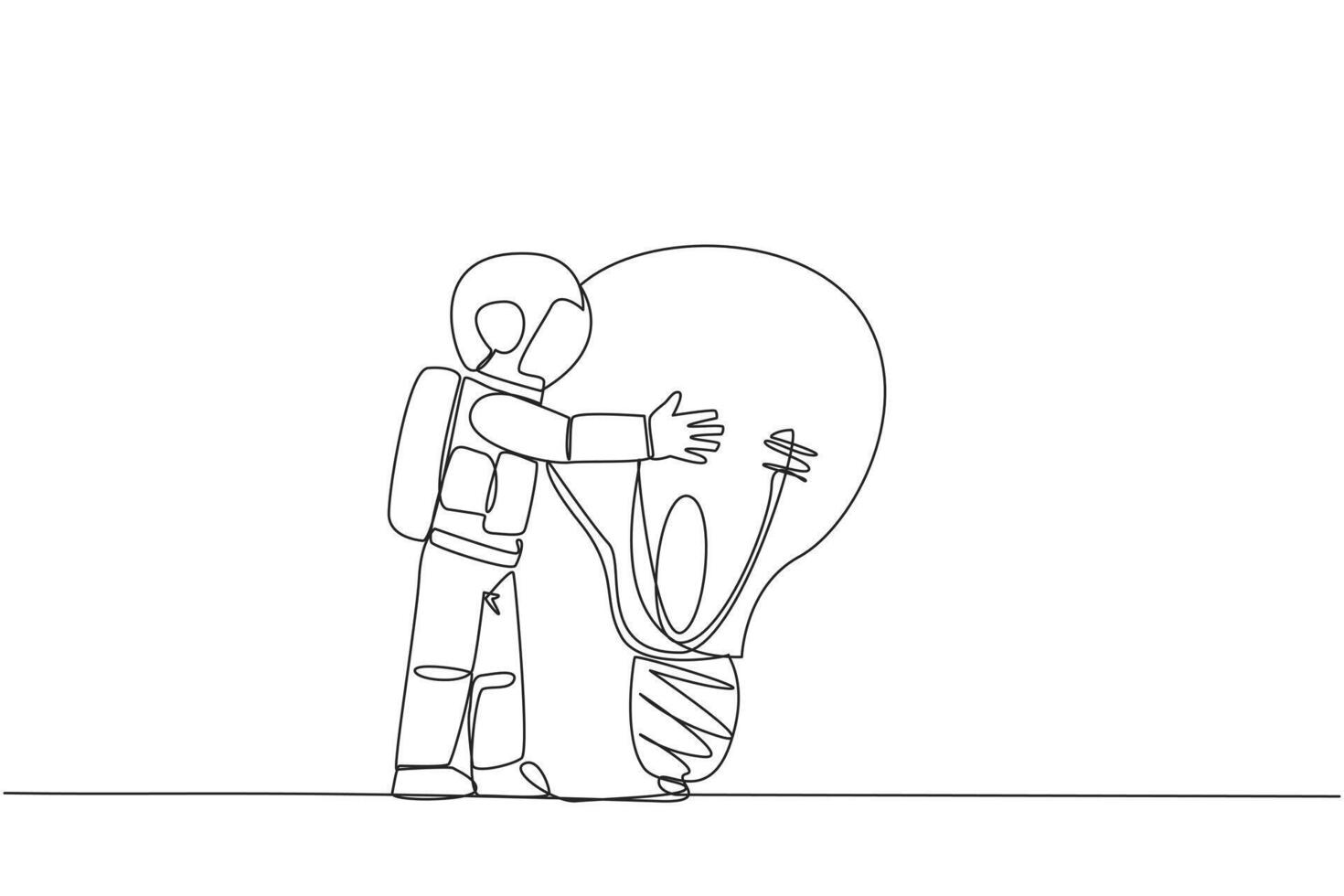 solteiro 1 linha desenhando jovem enérgico astronauta abraçando grande lâmpada elétrica. metáforas acalentar brilhante Ideias. gênio astronauta. cósmico galáxia profundo espaço. contínuo linha Projeto gráfico ilustração vetor