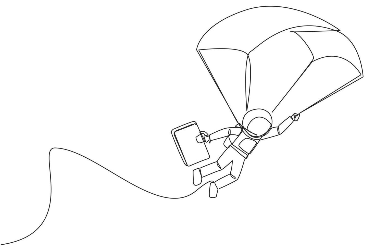 contínuo 1 linha desenhando jovem enérgico astronauta vôo com pára-quedas segurando pasta. arrumado acima pára-quedas e então Junte-se a expedição equipe em terra. solteiro linha desenhar Projeto vetor ilustração