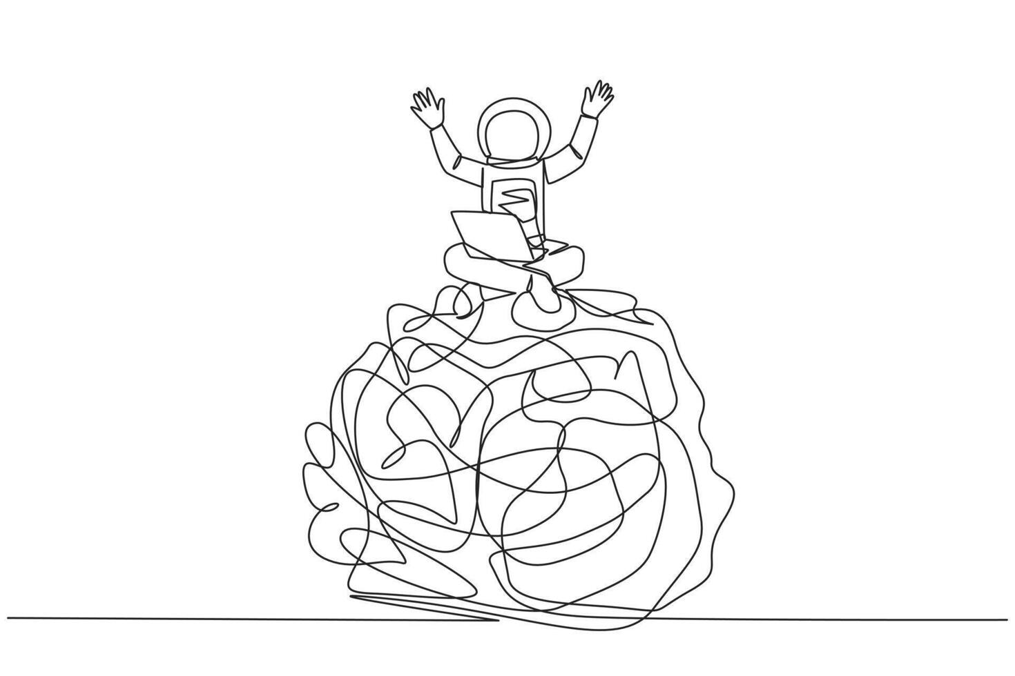solteiro contínuo linha desenhando jovem astronauta sentado em gigante emaranhado círculo segurando computador portátil levantar ambos mãos. placa do dando acima. com saudades de casa. cosmonauta profundo espaço. 1 linha Projeto vetor ilustração