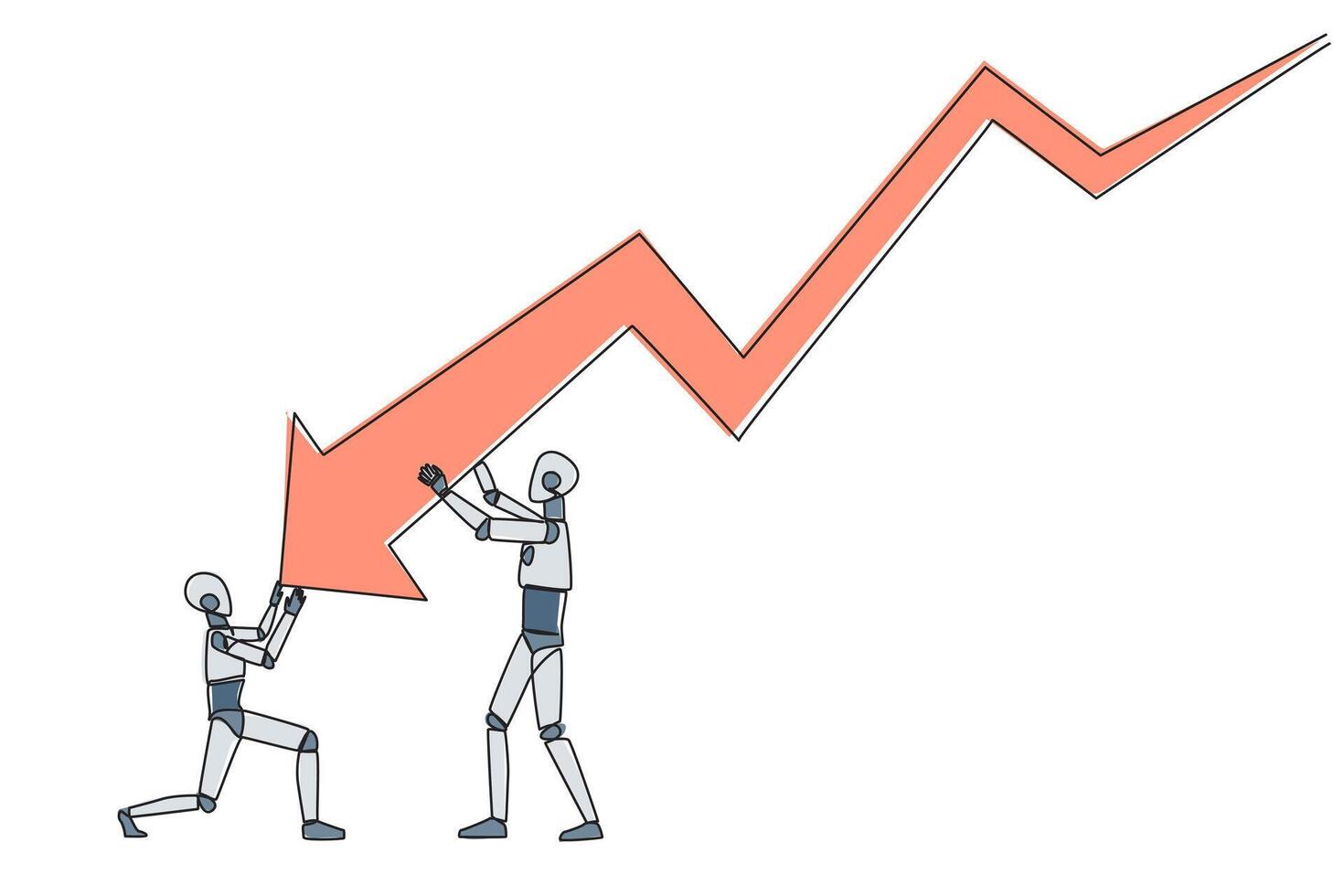 contínuo 1 linha desenhando dois robôs segurando ampla seta gráficos mergulhando abaixo. 1 do a robôs segurando a fim. equipe trabalhos tão a seta pode ir costas acima. solteiro linha desenhar Projeto vetor ilustração