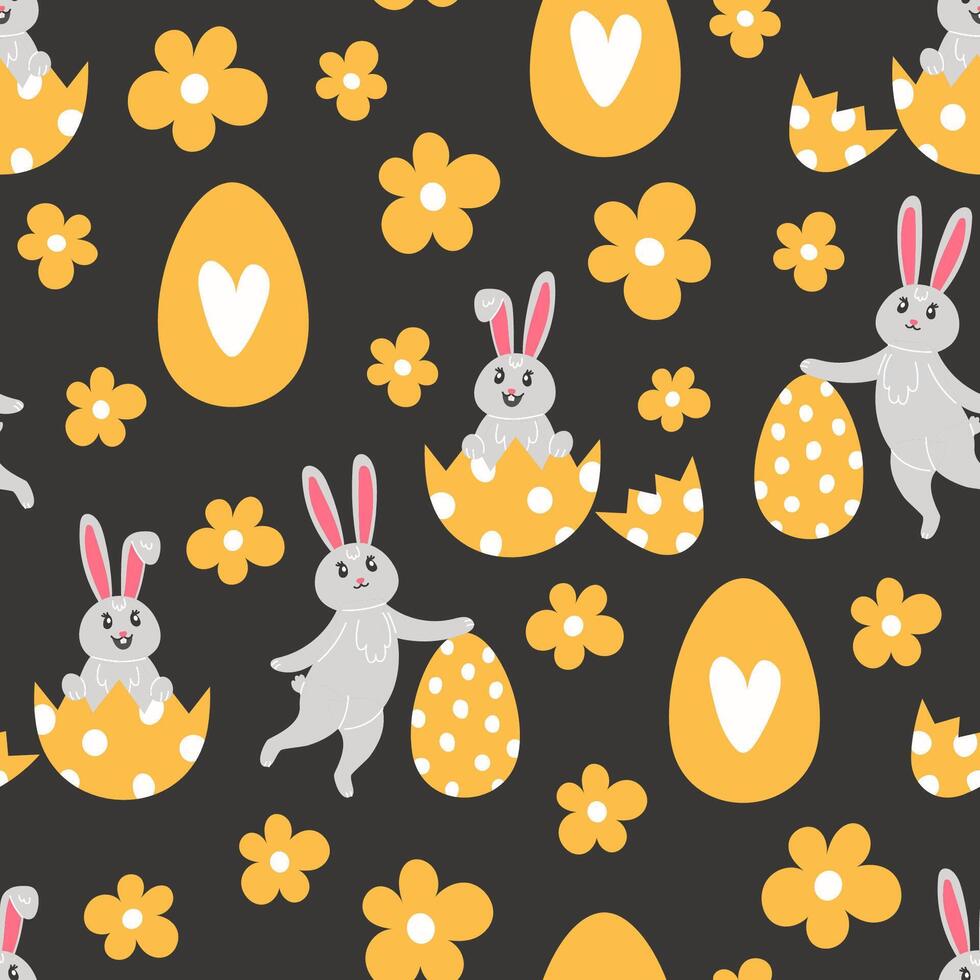 desatado padronizar do Páscoa coelhos, flores e pintado ovos dentro desenho animado estilo vetor