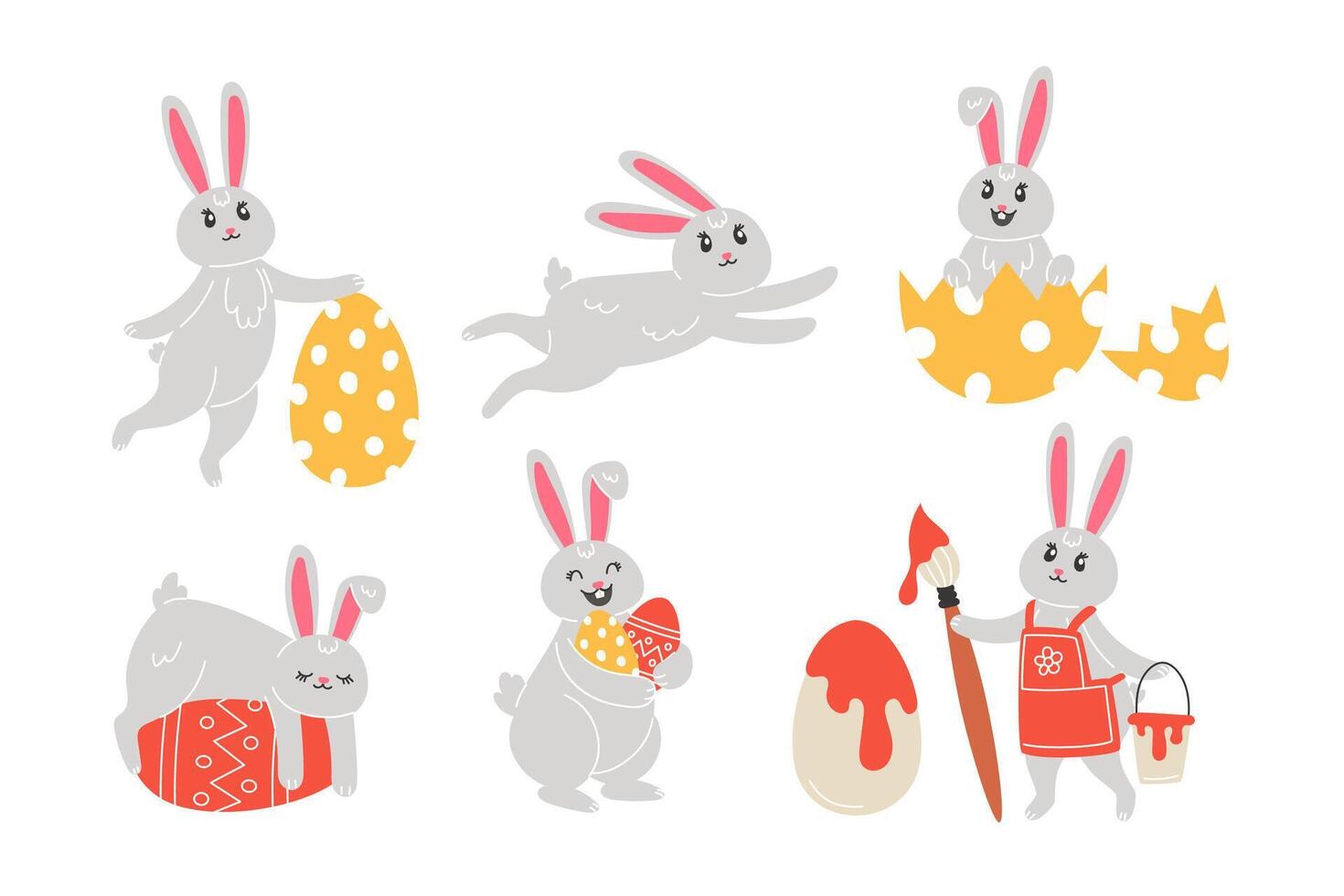 conjunto do Páscoa coelhos e pintado ovos dentro desenho animado estilo vetor