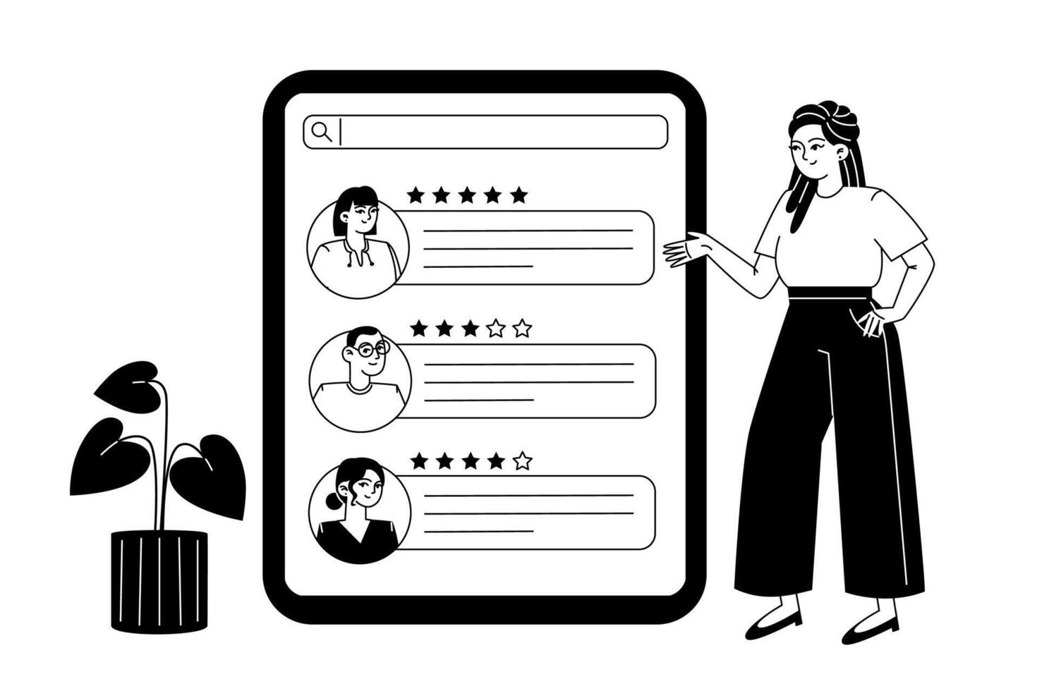 uma fêmea empregado parece às vários avaliações do pessoas em a tela do uma ampla tábua vetor