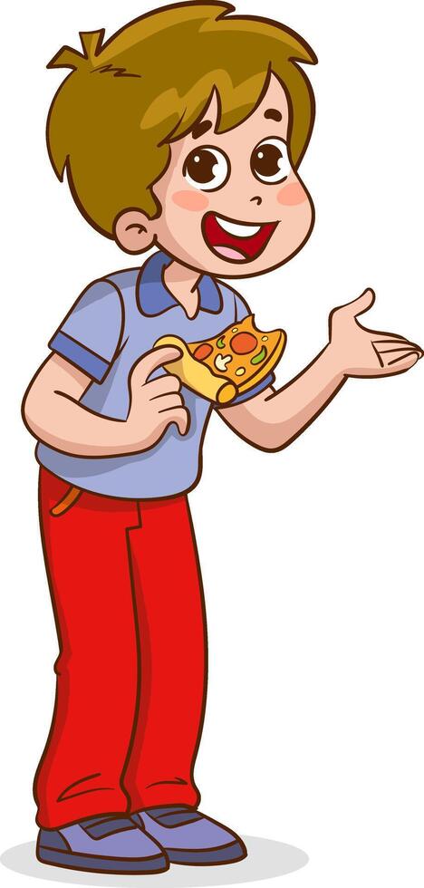 vetor ilustração do uma pequeno crianças segurando uma fatia do pizza e falando