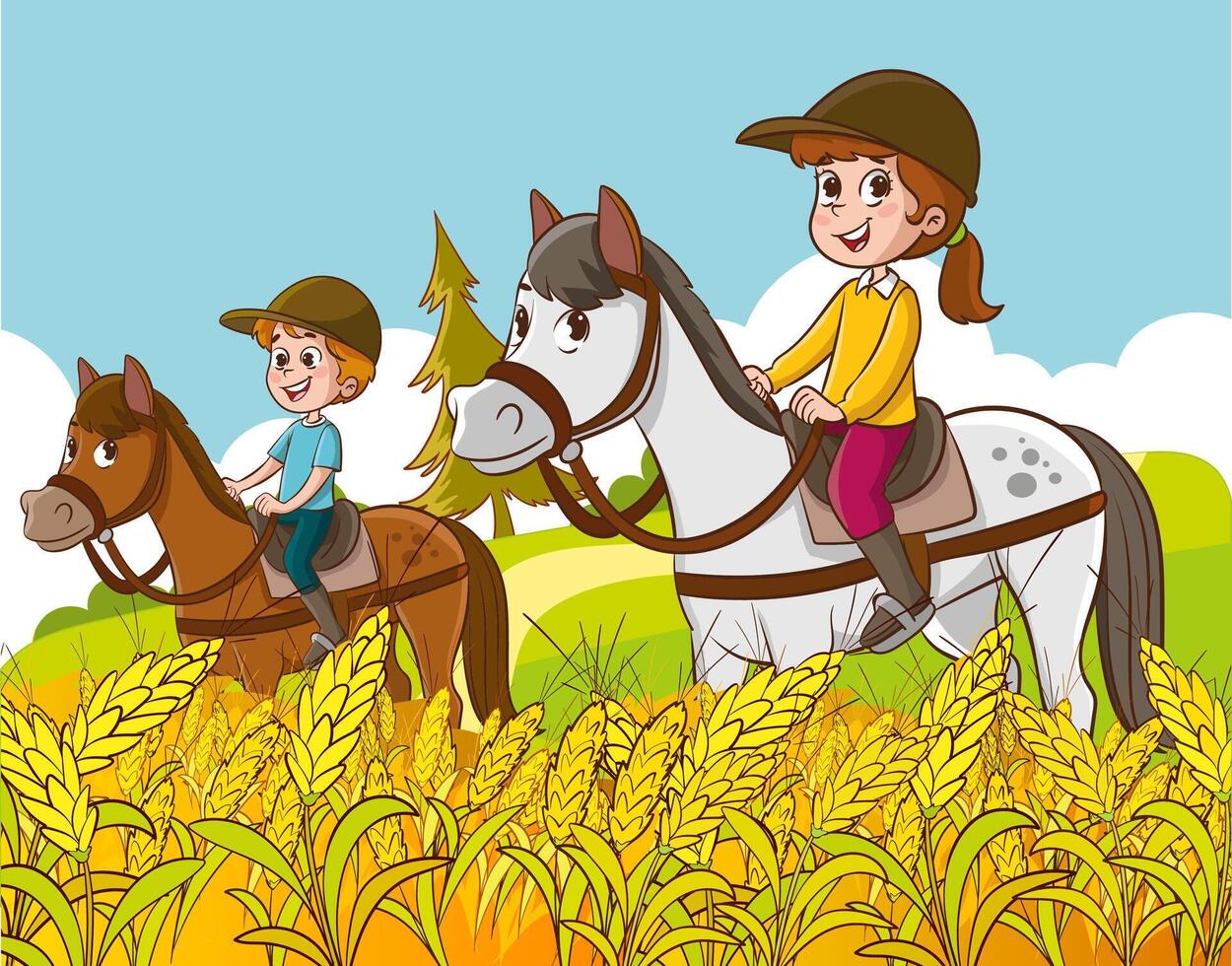 crianças equitação cavalos vetor ilustração do equestre esporte Treinamento a cavalo passeio