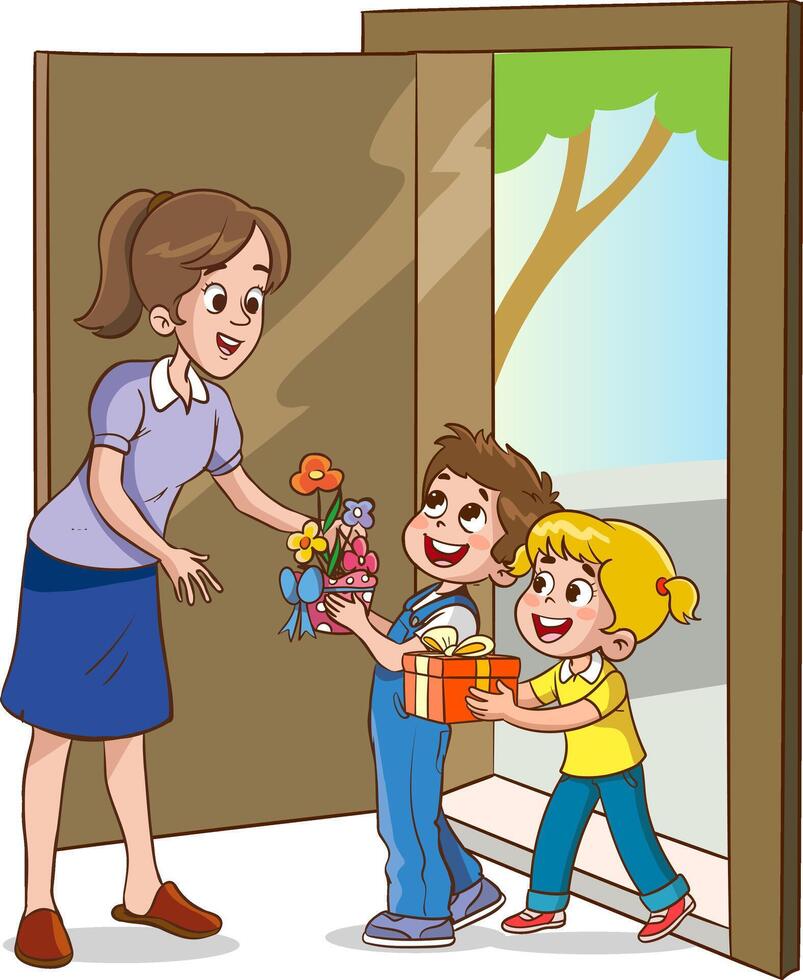 vetor ilustração do crianças surpreendente seus mães e dando eles uma ramalhete do flores