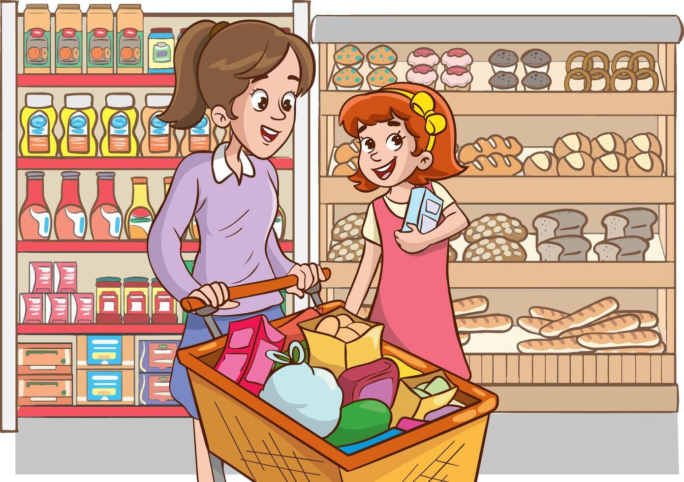 ilustração do uma mãe e filha compras dentro uma mercearia loja vetor