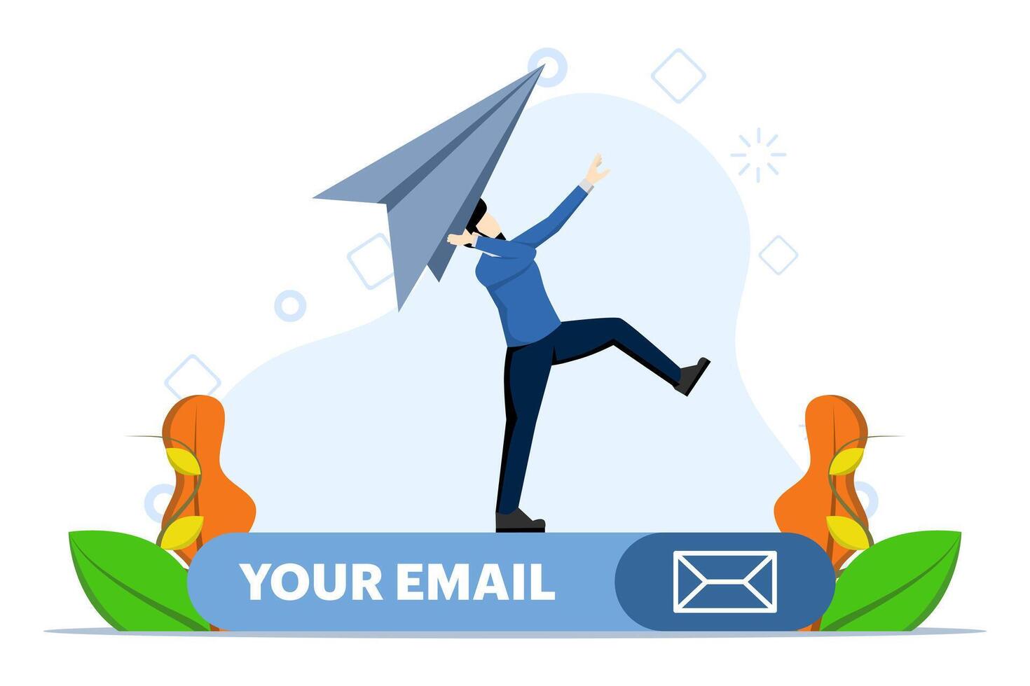 assinatura de e-mail para enviar newsletter para promoções e atualizações de produtos, empresário lançando avião de papel origami no formulário de assinatura de e-mail no site, comunicação on-line e conceito de marketing vetor