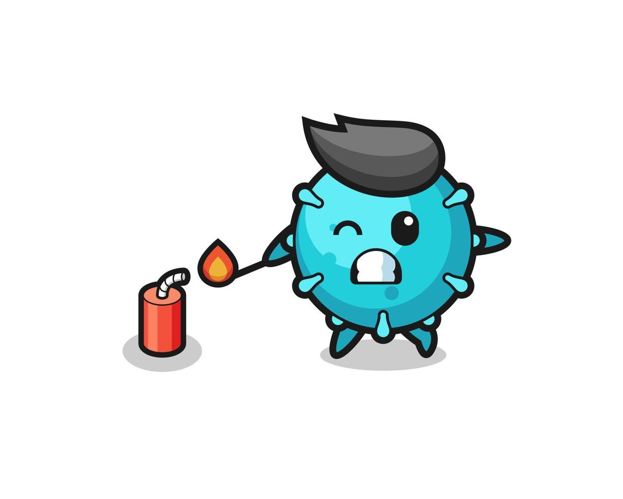 ilustração do mascote do vírus jogando fogo de artifício vetor