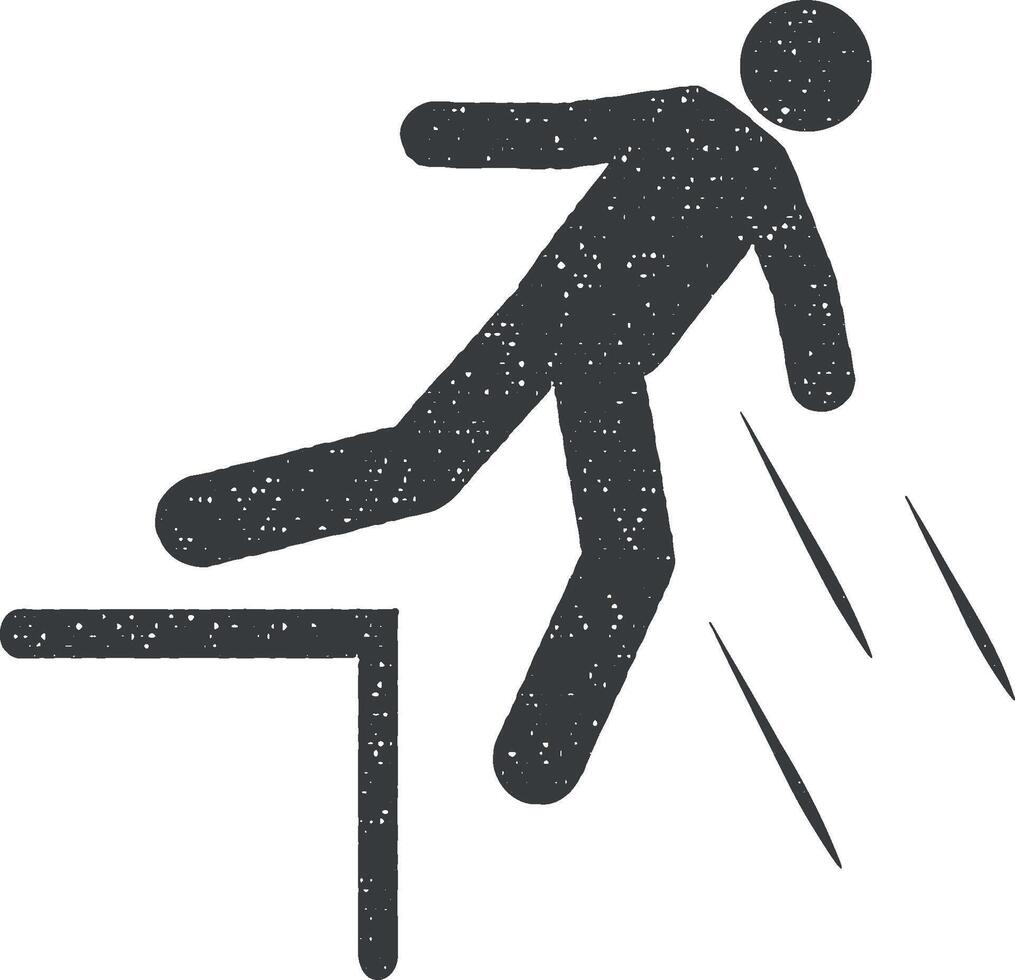 homem, escada, cair, ícone vetor ilustração dentro carimbo estilo