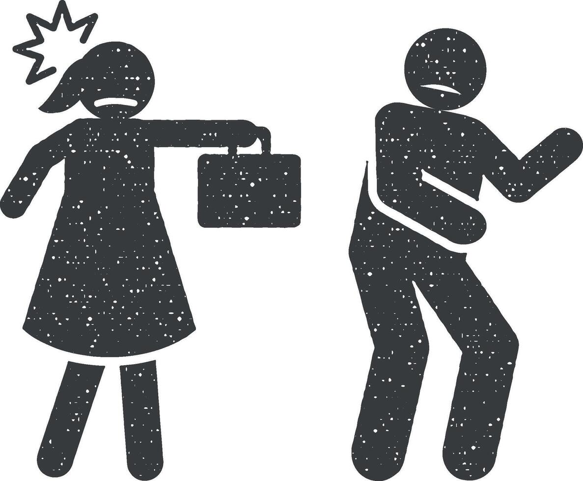 mulher, trabalho, homem, agressivo ícone vetor ilustração dentro carimbo estilo