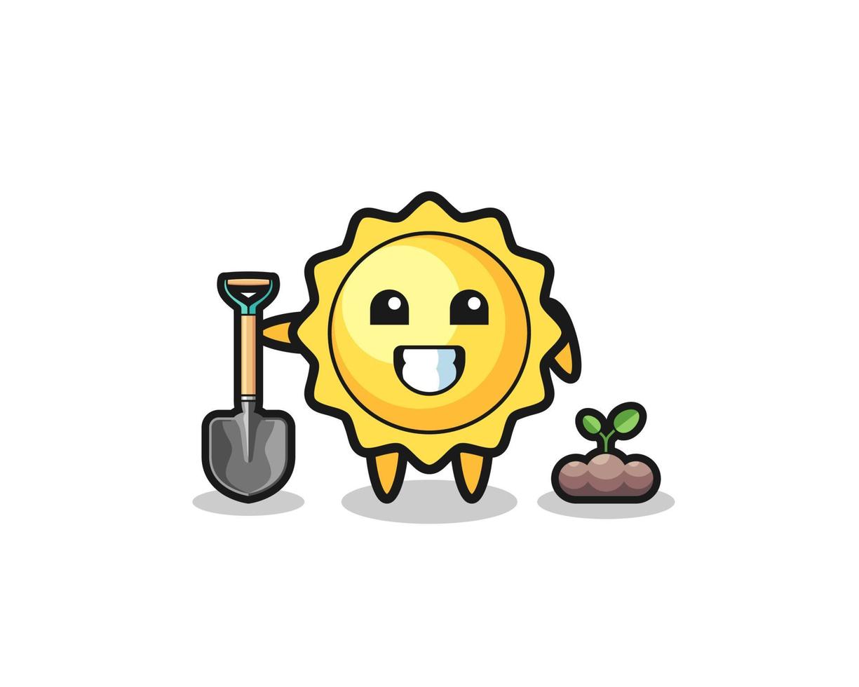 desenho de sol fofo está plantando uma semente de árvore vetor