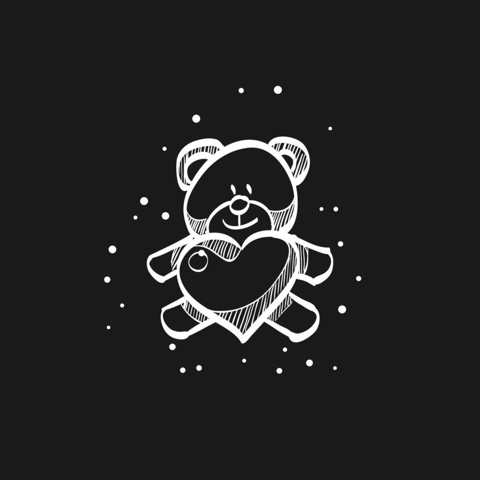 Urso de pelúcia segurando coração forma rabisco esboço ilustração vetor