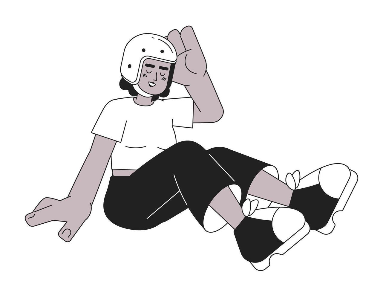 caiu baixa ciclista segurança capacete rindo Preto e branco 2d desenho animado personagem. sorrir afro-americano mulher acidente isolado vetor esboço pessoa. extremo esporte monocromático plano local ilustração