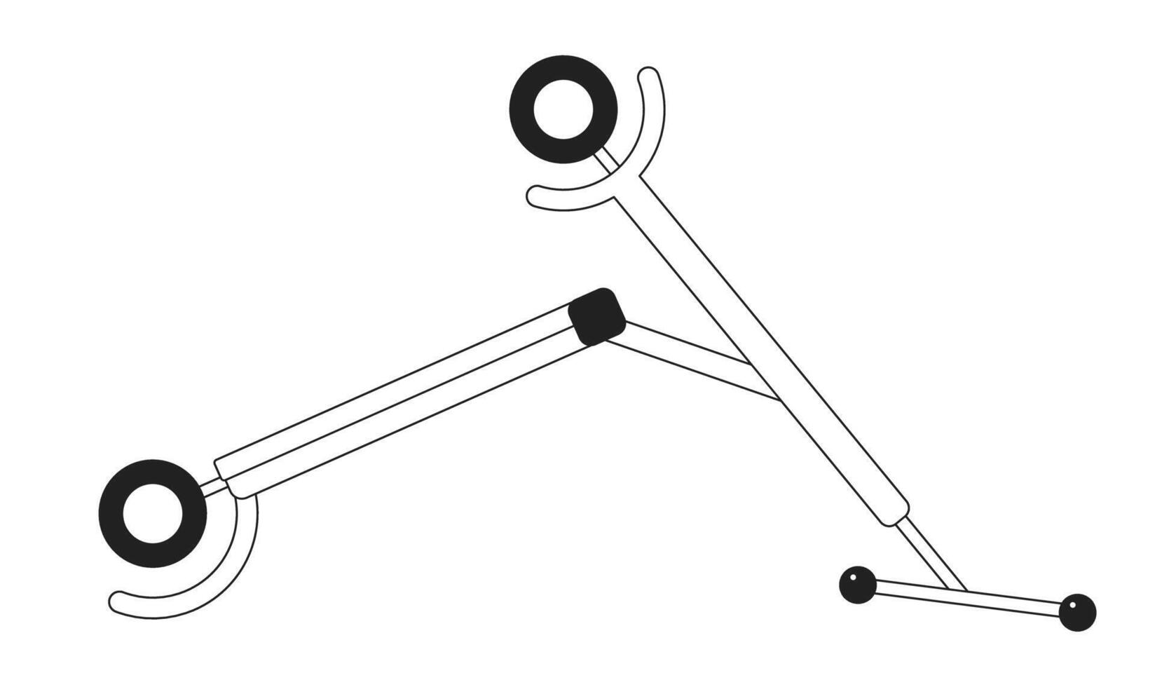 quebrado lambreta revirado parte de cima baixa Preto e branco 2d desenho animado objeto. acidente veículo dois rodas. esmagado lambreta isolado vetor esboço item. estragado transporte monocromático plano local ilustração