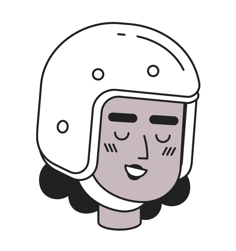 Preto fêmea ciclista segurança capacete Preto e branco 2d vetor avatar ilustração. africano americano mulher esboço desenho animado personagem face isolado. ciclismo roupa de esporte plano do utilizador perfil imagem, retrato