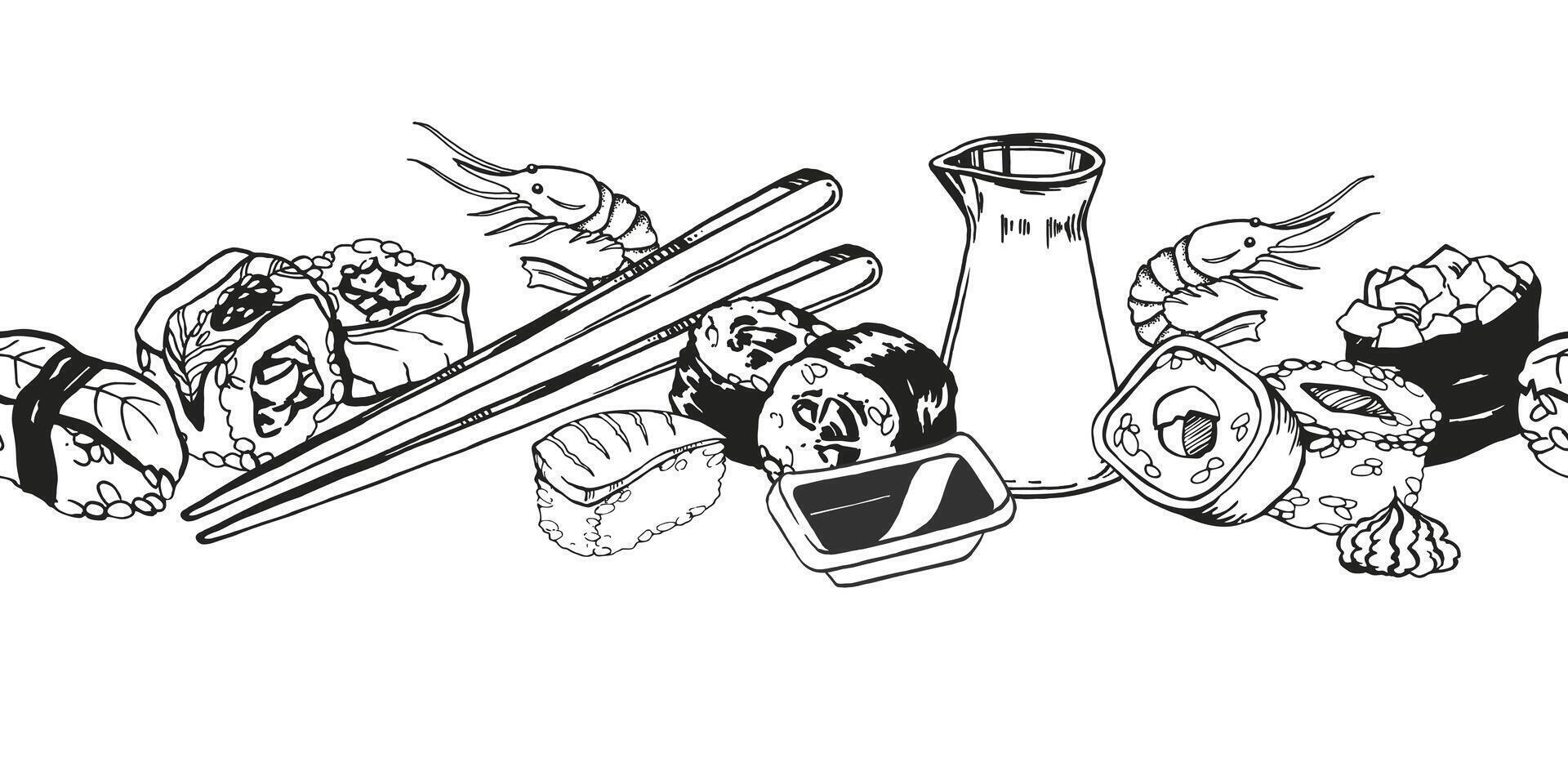 vetor desatado fronteira do japonês Comida tema com rolos, Sushi, sashimi, soja molho, pauzinhos, mão desenhado coberto monocromático esboço do frutos do mar, Comida ilustração isolado em branco fundo