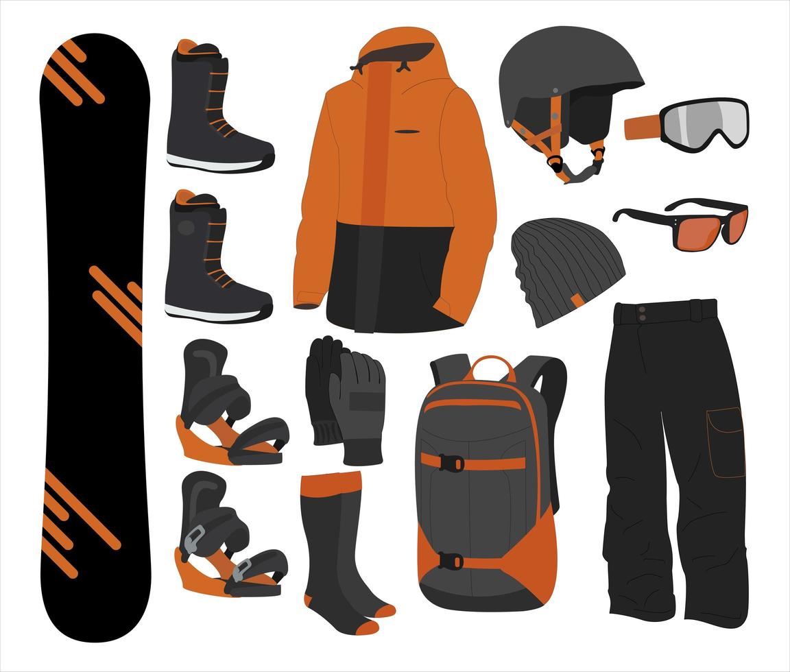 equipamento de snowboard. roupas, sapatos e acessórios de um snowboarder. esporte radical. ícones lisos da atividade de inverno. coleção de arte de linha de clipart de vetor de estoque.