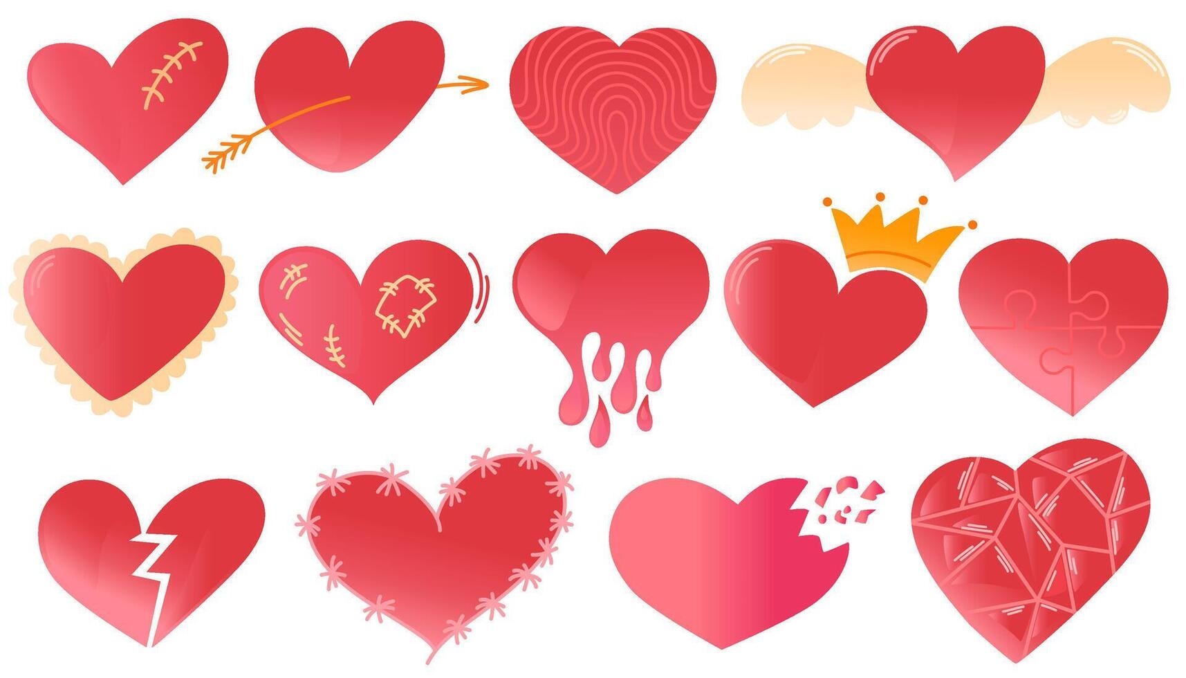 Rosa coração definir. coleção do coração ícone mão desenhado vetor para amor logotipo, coração símbolo, rabisco ícone, cumprimento cartão e dia dos namorados dia. pintado grunge vetor forma