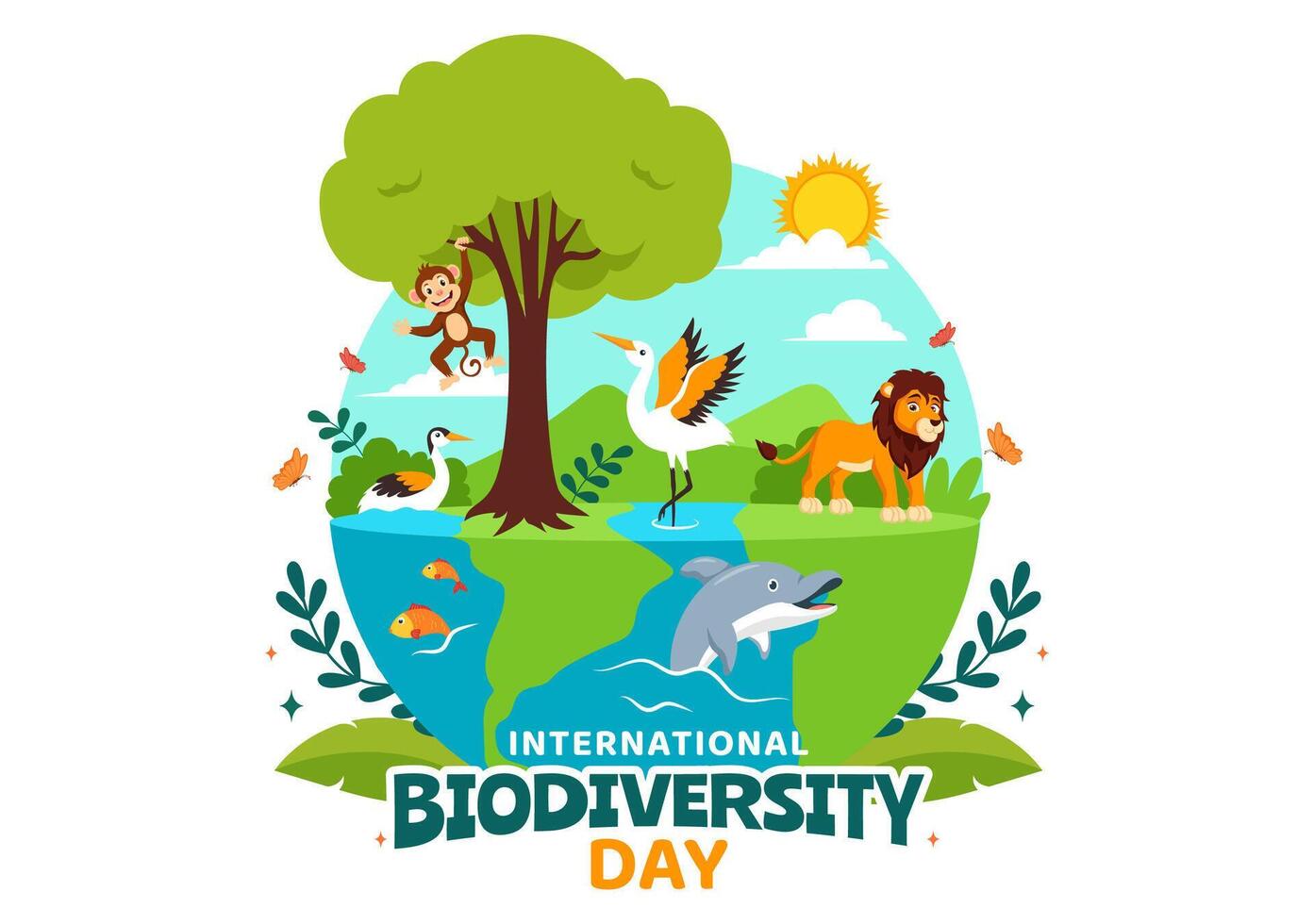 mundo biodiversidade dia vetor ilustração com biológico diversidade, terra e a vários animal dentro natureza plano desenho animado fundo