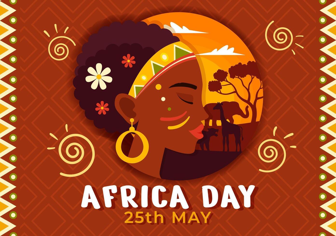 feliz África dia vetor ilustração em 25 pode com cultura africano tribal figuras e típica animal dentro flora e fauna plano desenho animado fundo