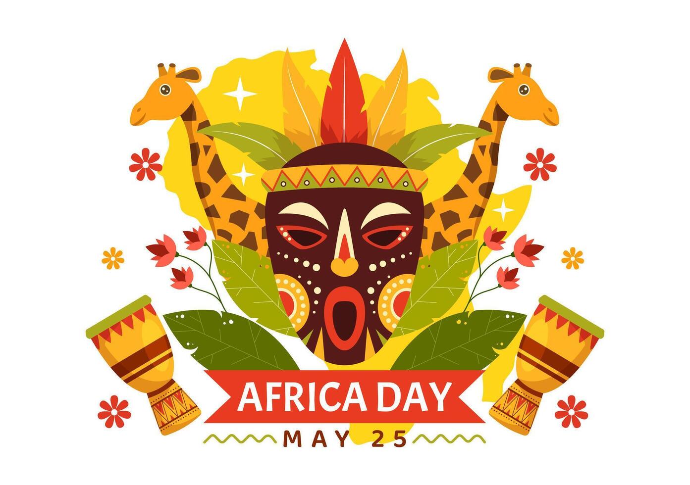 feliz África dia vetor ilustração em 25 pode com cultura africano tribal figuras e típica animal dentro flora e fauna plano desenho animado fundo
