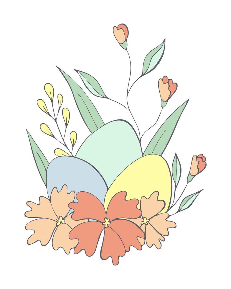 Páscoa ovos arranjado entre brilhante Primavera flores para feliz Páscoa. vetor