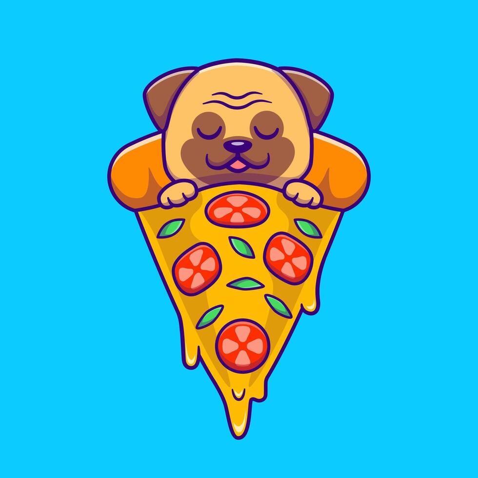 cachorrinho fofo dormindo na ilustração de ícone de vetor de desenhos animados de pizza. conceito de ícone de comida animal isolado vetor premium. estilo de desenho animado plano