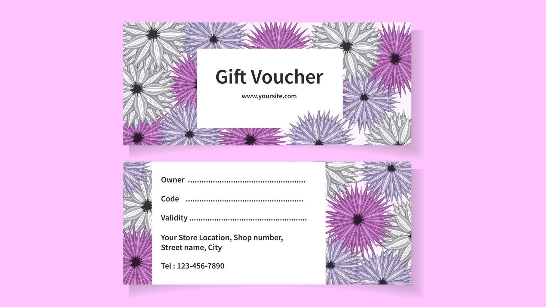 oferta de certificado de voucher de presente floral criativa abstrata de dois lados. vetor