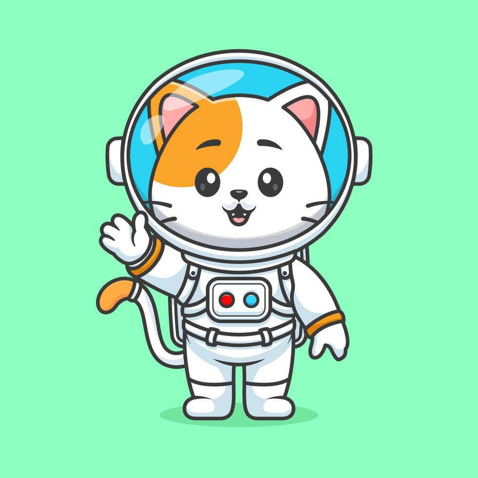 fofa gato astronauta em pé e acenando mão desenho animado vetor ícone ilustração animal Ciência ícone conceito isolado