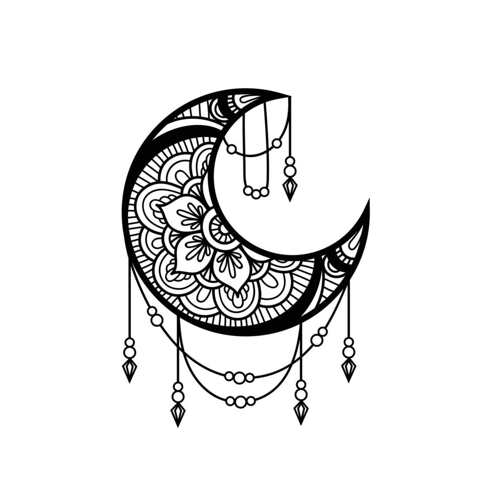 estilo de mandala de lua crescente, decoração de lua vetor