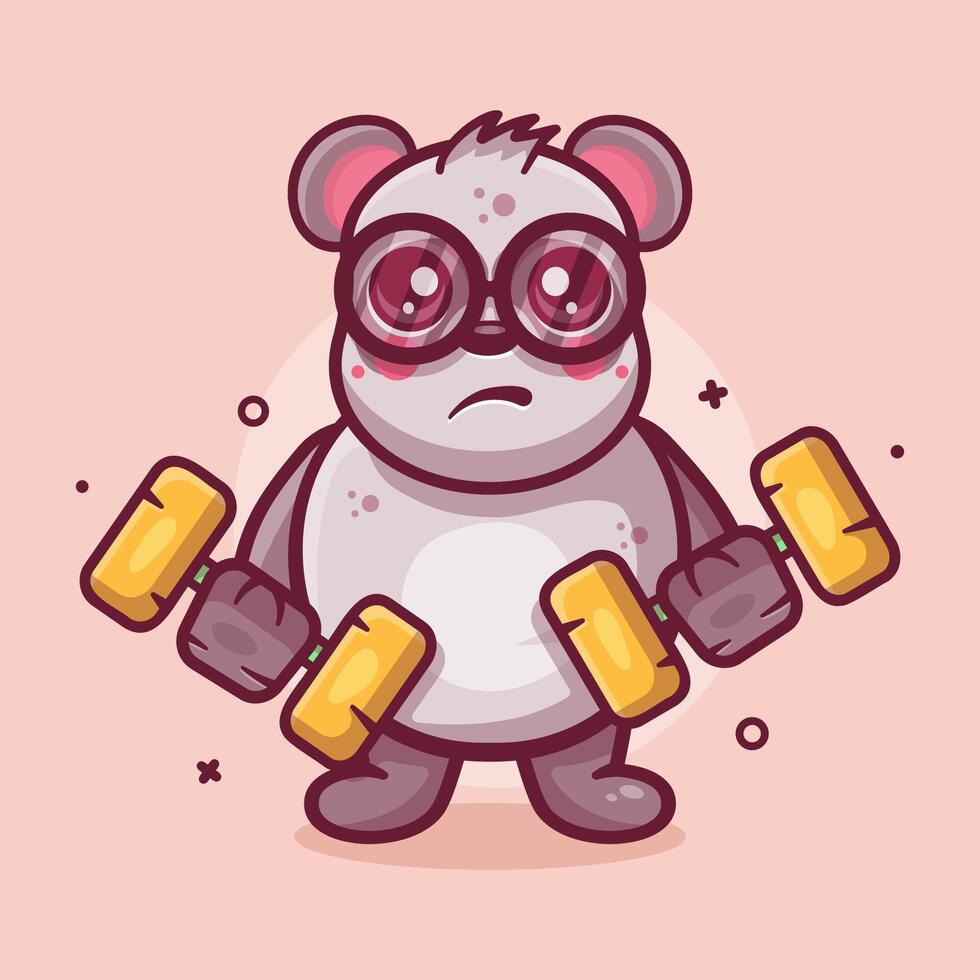 fofa panda animal personagem mascote fazendo musculação usando haltere isolado desenho animado vetor