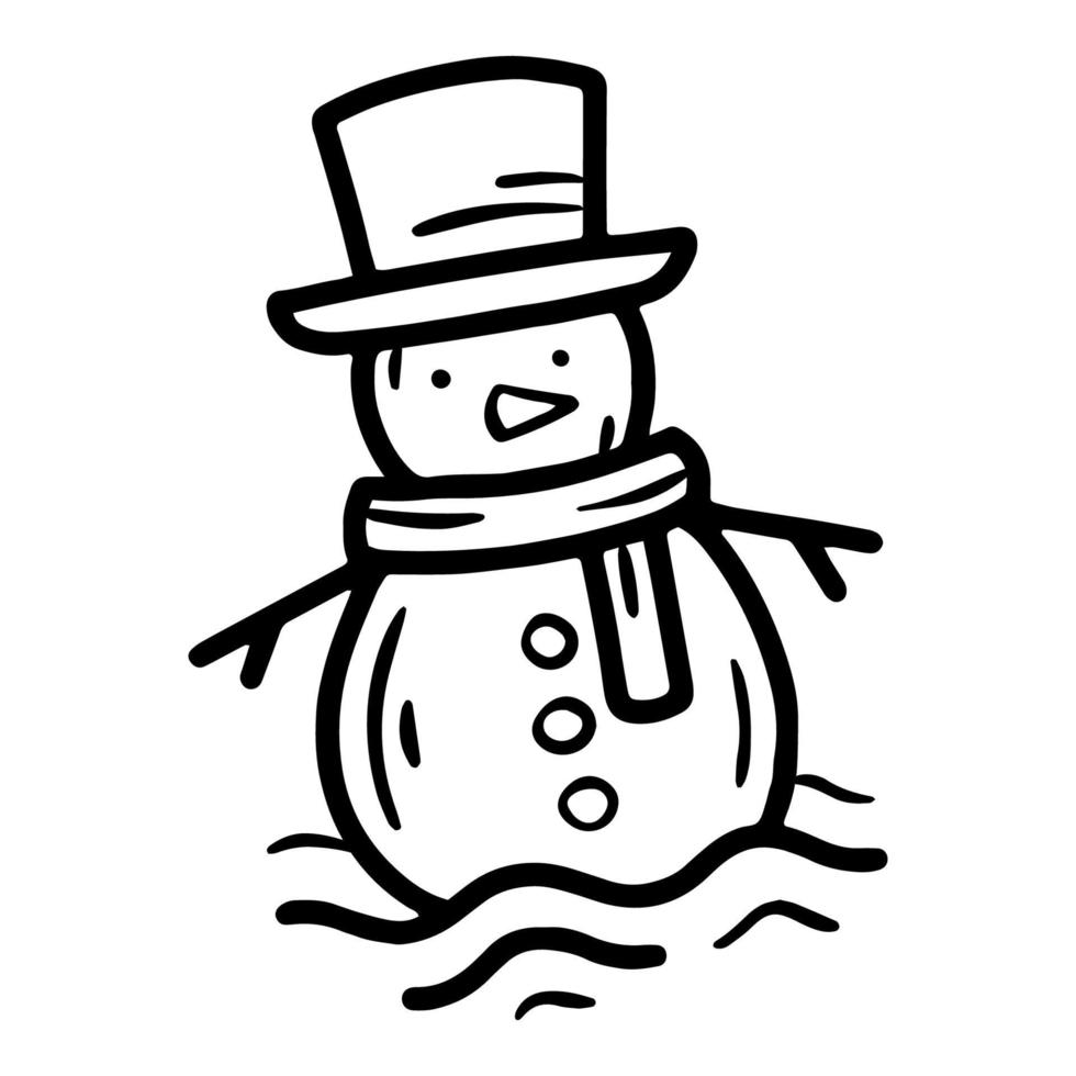 boneco de neve com chapéu e ícone de vetor linear cachecol em estilo doodle