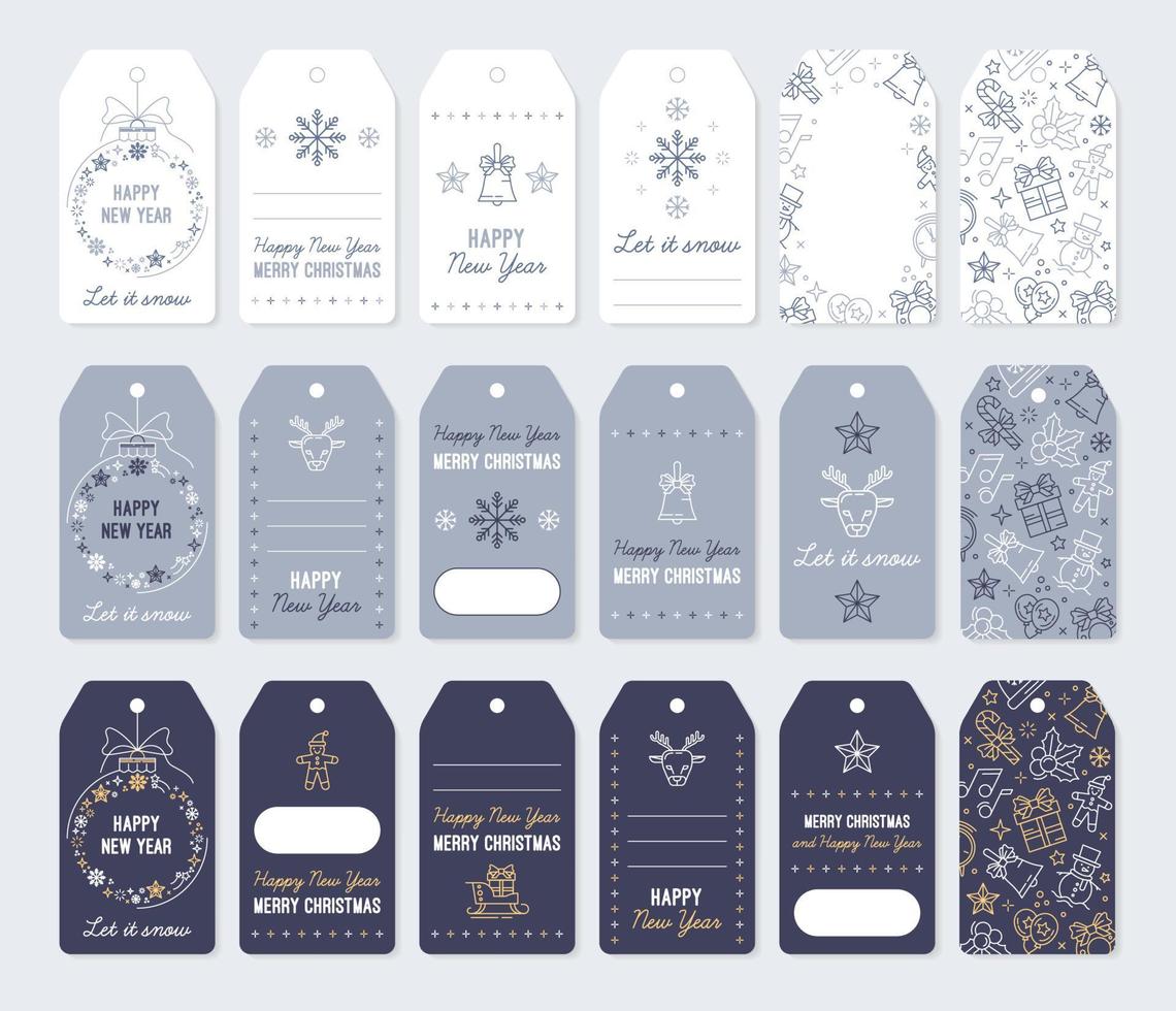 etiquetas e etiquetas de natal para presentes de ano novo. conjunto de cartões para impressão em cores azuis com ícones lineares de vetor. vetor