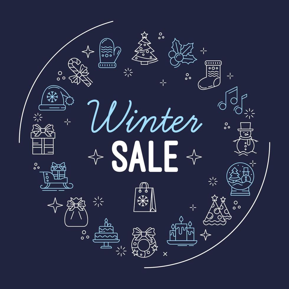 banner 2020 de venda de inverno com ícones de contorno. ilustração em vetor plana com imagens lineares em um fundo azul escuro para envio por correio ou cartões comemorativos.