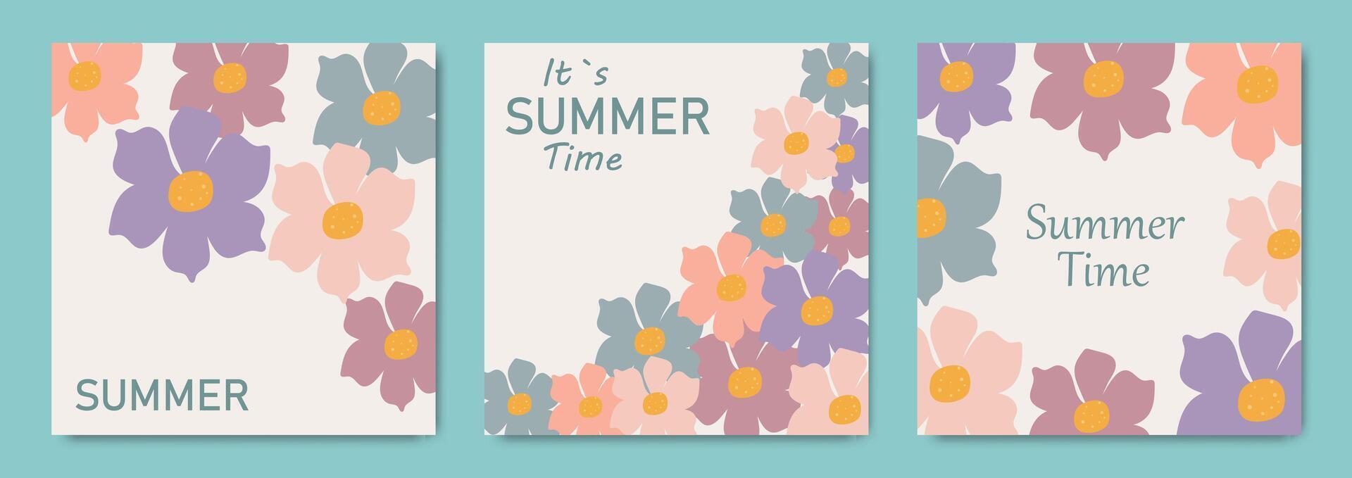conjunto do verão cartazes modelo com texto. promocional contente. na moda colorida abstrato vetor Projeto fundo para poster, convite e cobrir com tropical flores